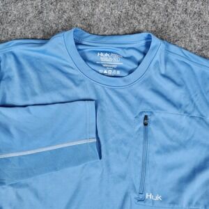 Huk Icon X‎ Men Shirt XL Blue Solid Vented Pocket Zipper Shirt Fishing Outdoor